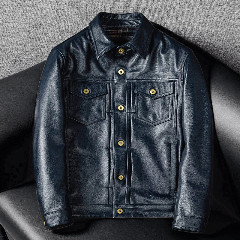 Blue Genuine Leather Jacket with Denim Look