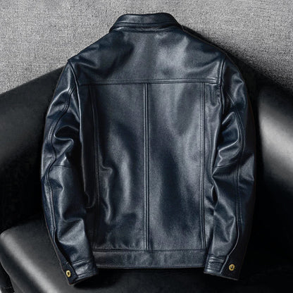 Blue Genuine Leather Jacket with Denim Look