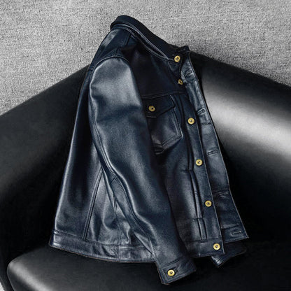 Blue Genuine Leather Jacket with Denim Look