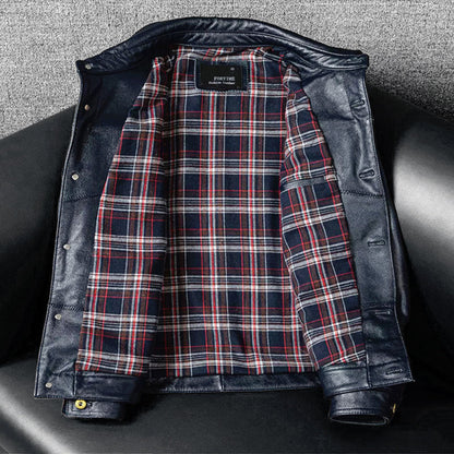 Blue Genuine Leather Jacket with Denim Look