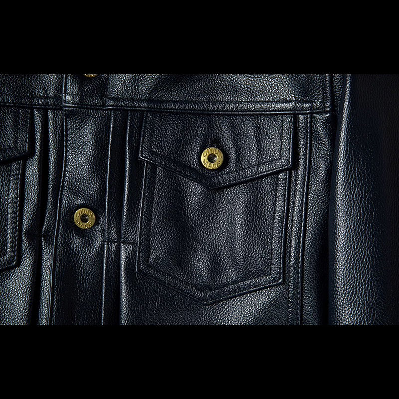 Blue Genuine Leather Jacket with Denim Look