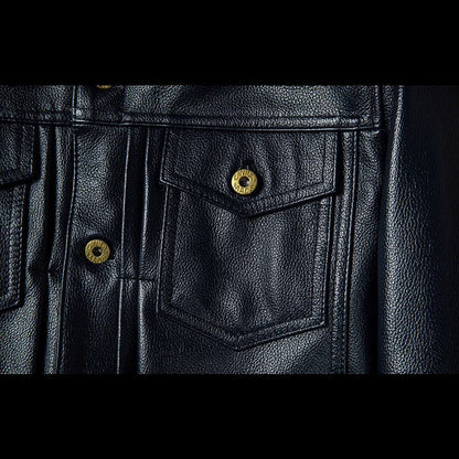Blue Genuine Leather Jacket with Denim Look