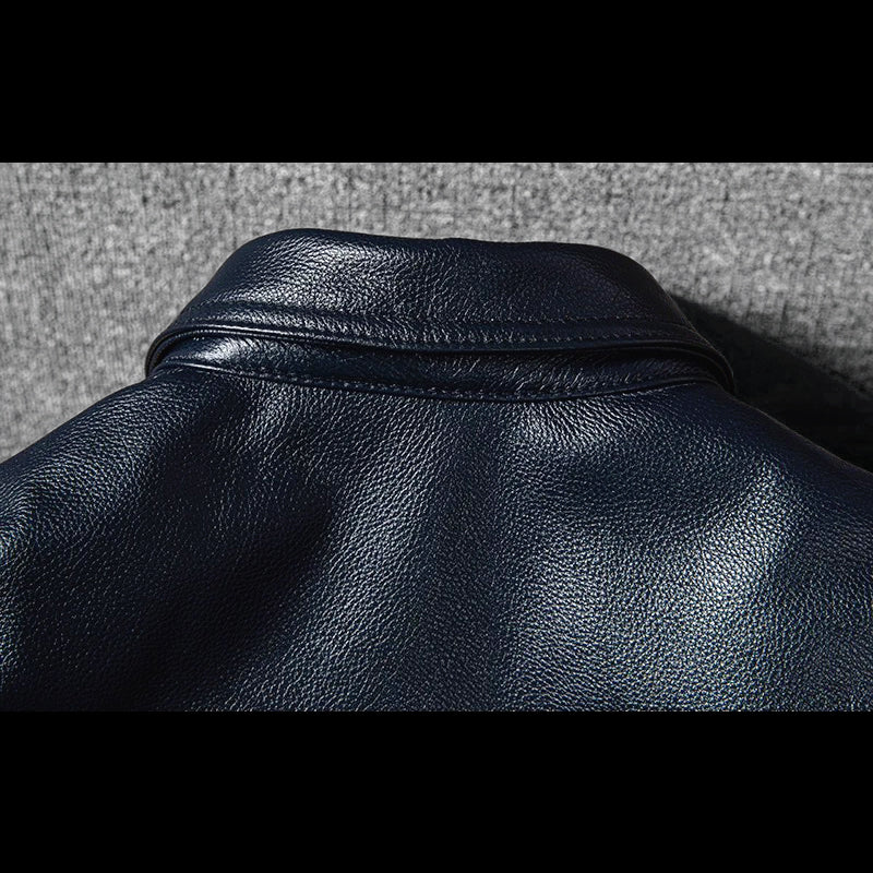 Blue Genuine Leather Jacket with Denim Look