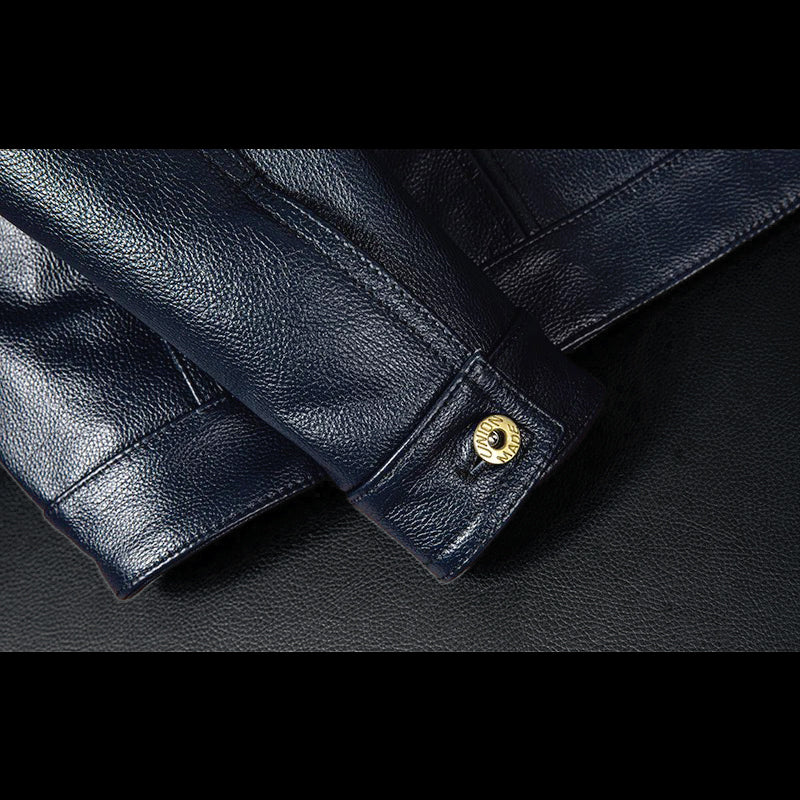 Blue Genuine Leather Jacket with Denim Look