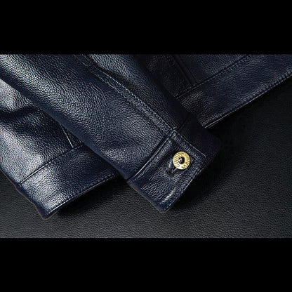 Blue Genuine Leather Jacket with Denim Look