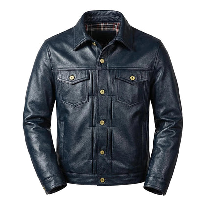 Blue Genuine Leather Jacket with Denim Look