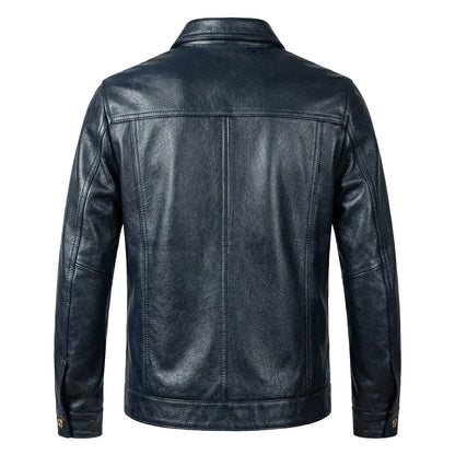 Blue Genuine Leather Jacket with Denim Look