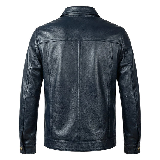 Blue Genuine Leather Jacket with Denim Look
