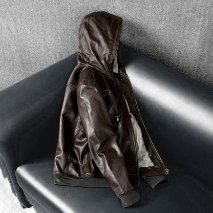 Hooded Casual Versatile Motorcycle Leather Jacket
