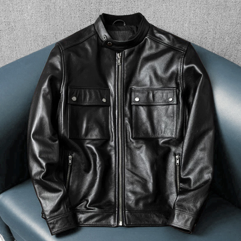 Large Size Motorcycle Cowhide Leather Jacket