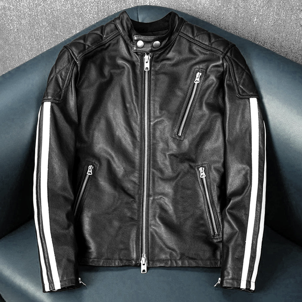 Plaid Stripes Motorcycle Genuine Leather Jacket
