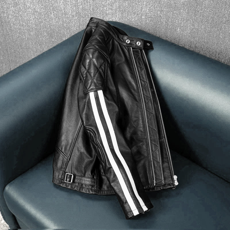 Plaid Stripes Motorcycle Genuine Leather Jacket