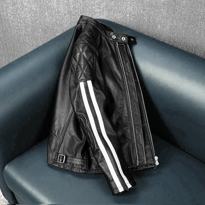 Plaid Stripes Motorcycle Genuine Leather Jacket