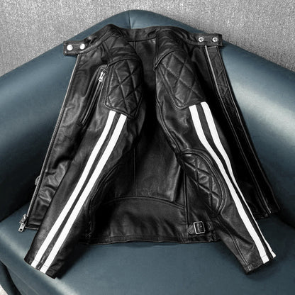 Plaid Stripes Motorcycle Genuine Leather Jacket