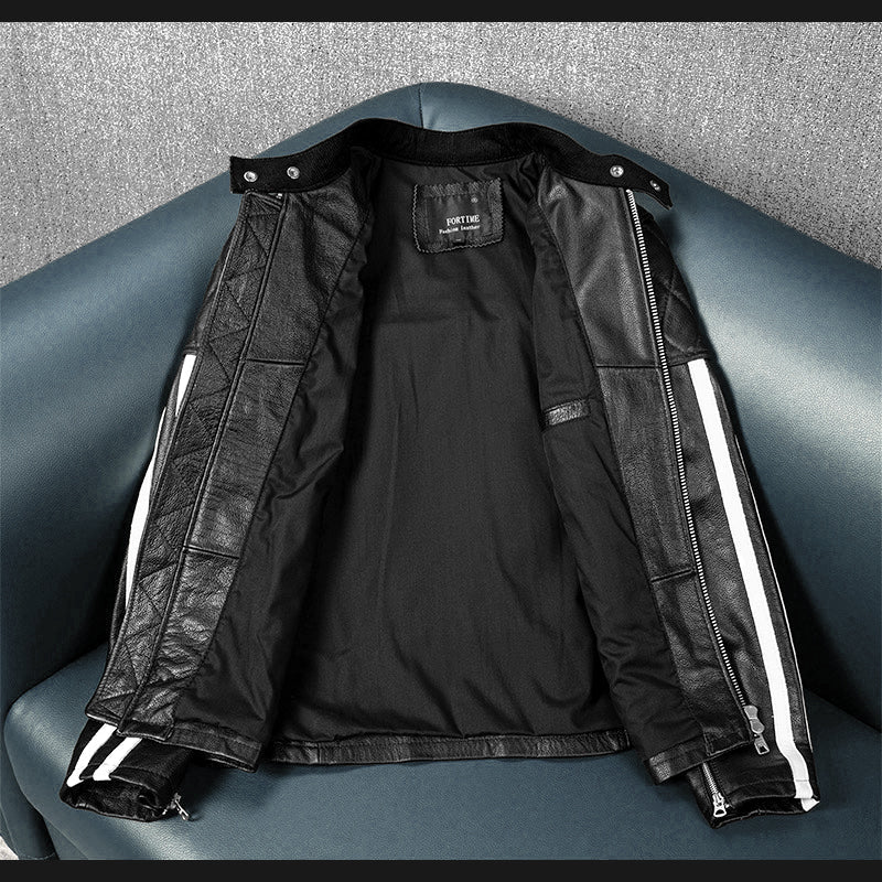 Plaid Stripes Motorcycle Genuine Leather Jacket