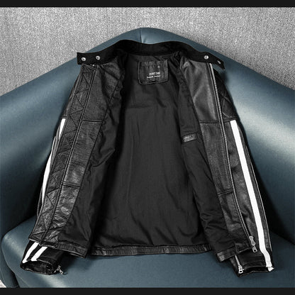 Plaid Stripes Motorcycle Genuine Leather Jacket