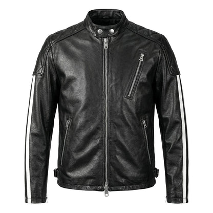 Plaid Stripes Motorcycle Genuine Leather Jacket