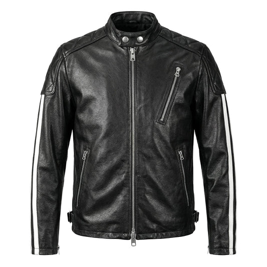 Plaid Stripes Motorcycle Genuine Leather Jacket