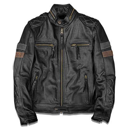 Grid Pattern Motorcycle Genuine Leather Jacket