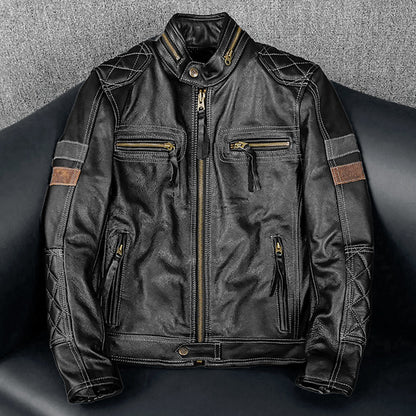 Grid Pattern Motorcycle Genuine Leather Jacket