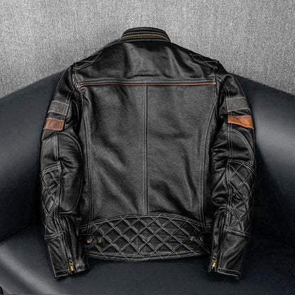 Grid Pattern Motorcycle Genuine Leather Jacket