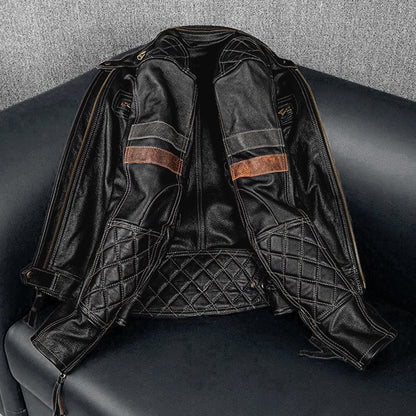 Grid Pattern Motorcycle Genuine Leather Jacket