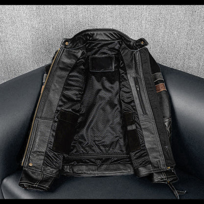 Grid Pattern Motorcycle Genuine Leather Jacket