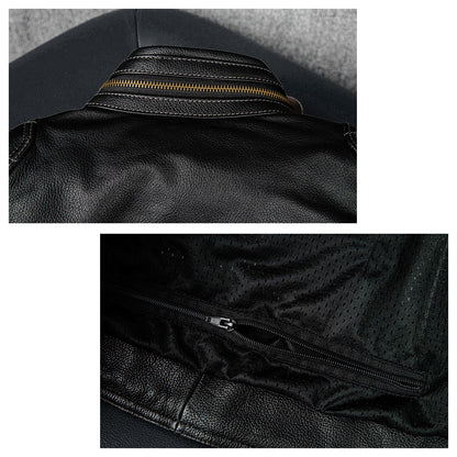 Grid Pattern Motorcycle Genuine Leather Jacket