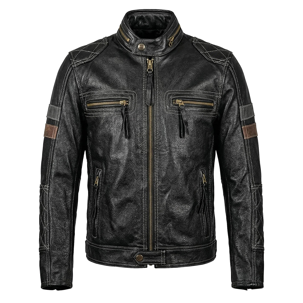 Grid Pattern Motorcycle Genuine Leather Jacket