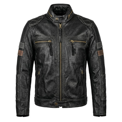 Grid Pattern Motorcycle Genuine Leather Jacket