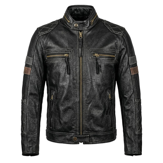 Grid Pattern Motorcycle Genuine Leather Jacket