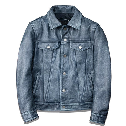 Amekaji Distressed Blue Genuine Leather Jacket