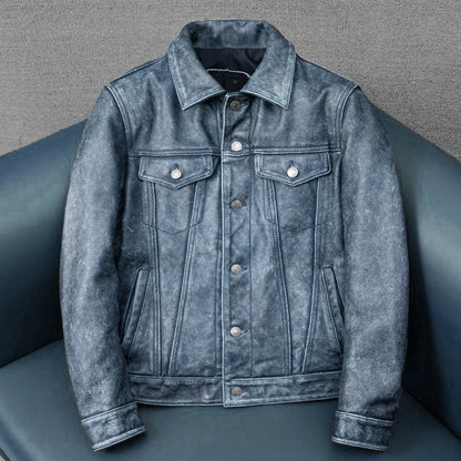 Amekaji Distressed Blue Genuine Leather Jacket