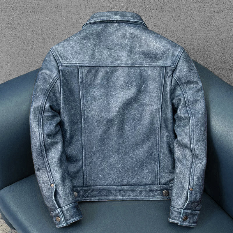 Amekaji Distressed Blue Genuine Leather Jacket