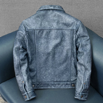 Amekaji Distressed Blue Genuine Leather Jacket