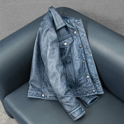 Amekaji Distressed Blue Genuine Leather Jacket