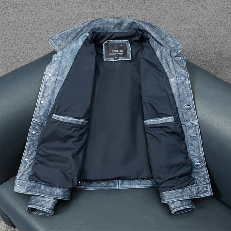 Amekaji Distressed Blue Genuine Leather Jacket