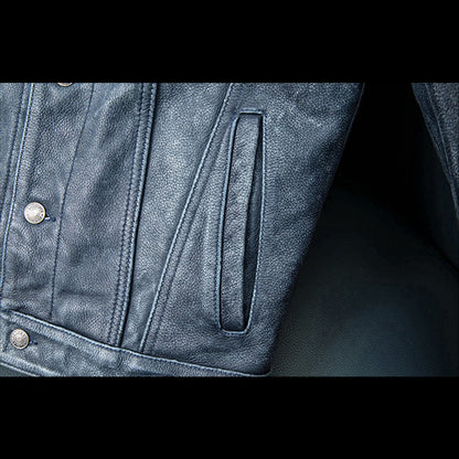 Amekaji Distressed Blue Genuine Leather Jacket