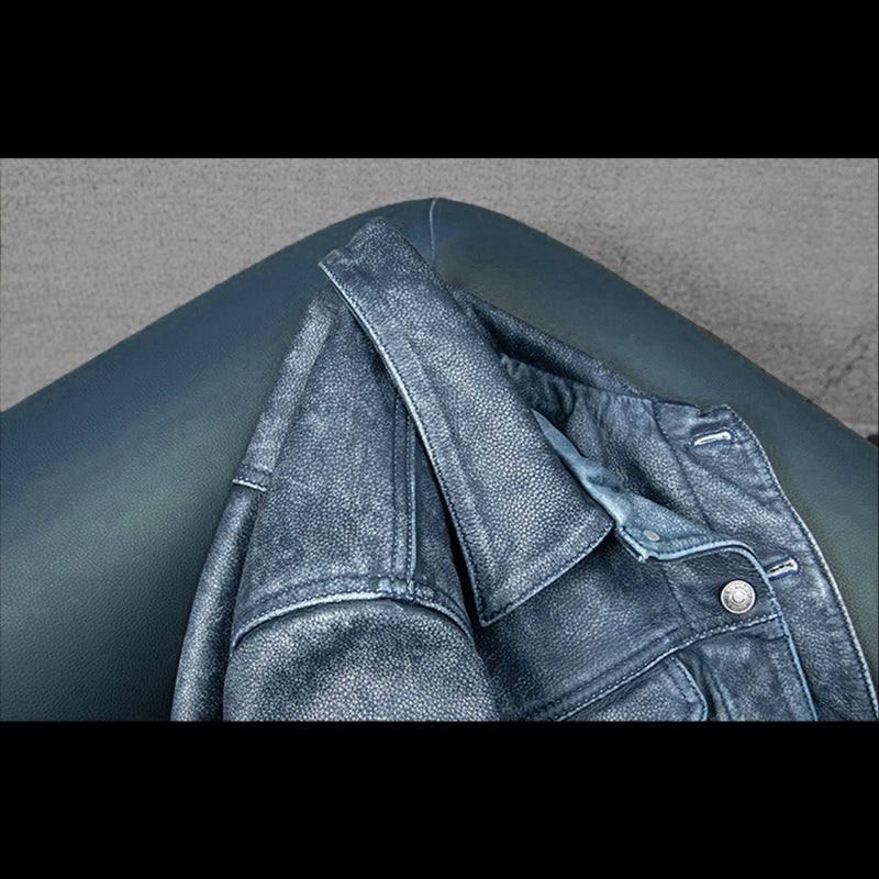 Amekaji Distressed Blue Genuine Leather Jacket