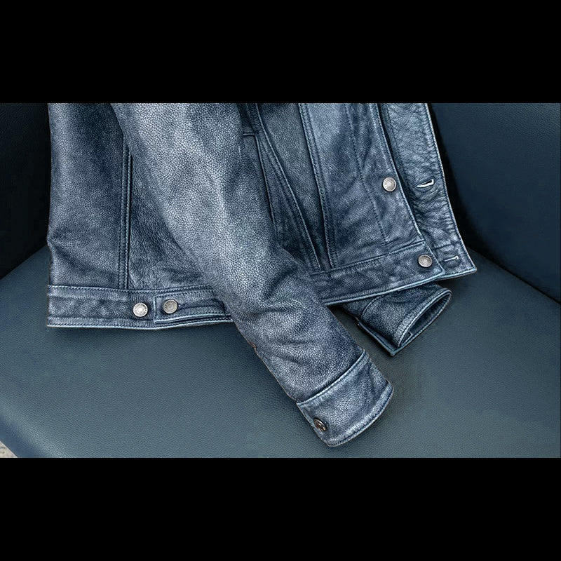 Amekaji Distressed Blue Genuine Leather Jacket