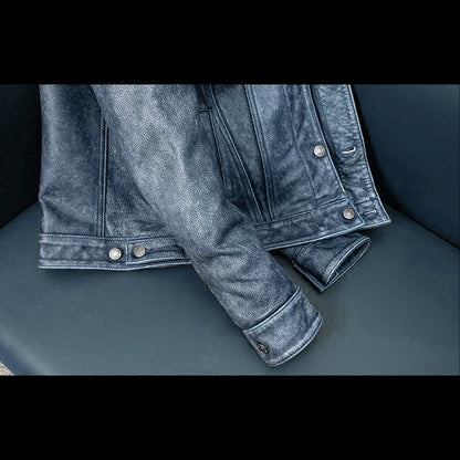 Amekaji Distressed Blue Genuine Leather Jacket
