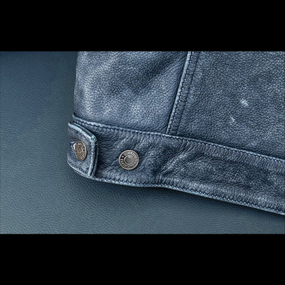 Amekaji Distressed Blue Genuine Leather Jacket