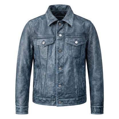 Amekaji Distressed Blue Genuine Leather Jacket