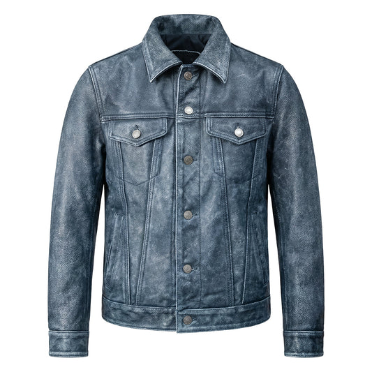 Amekaji Distressed Blue Genuine Leather Jacket