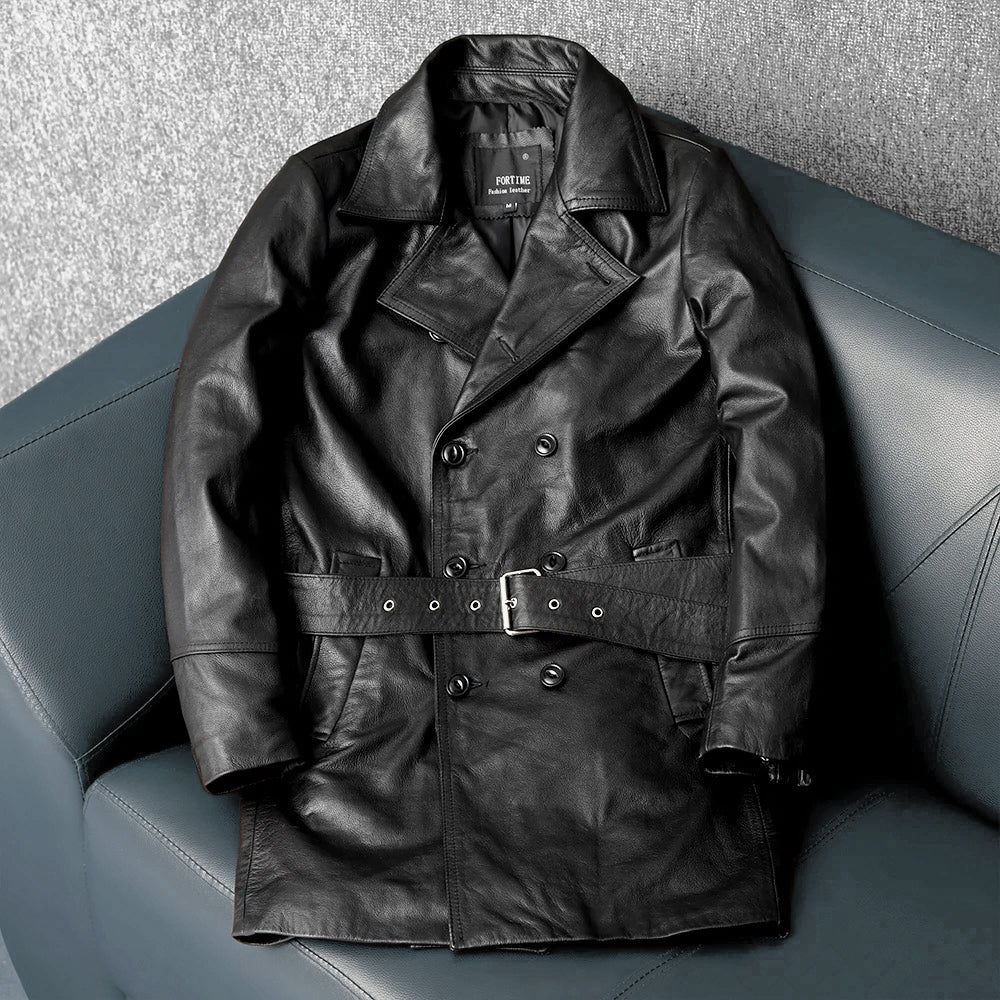 Mid-Length Windproof Suit-Style Genuine Leather Jacket