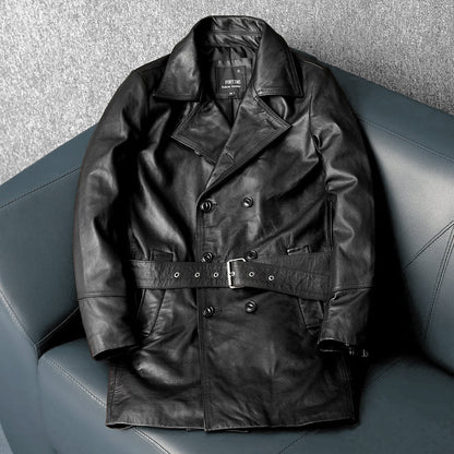 Mid-Length Windproof Suit-Style Genuine Leather Jacket