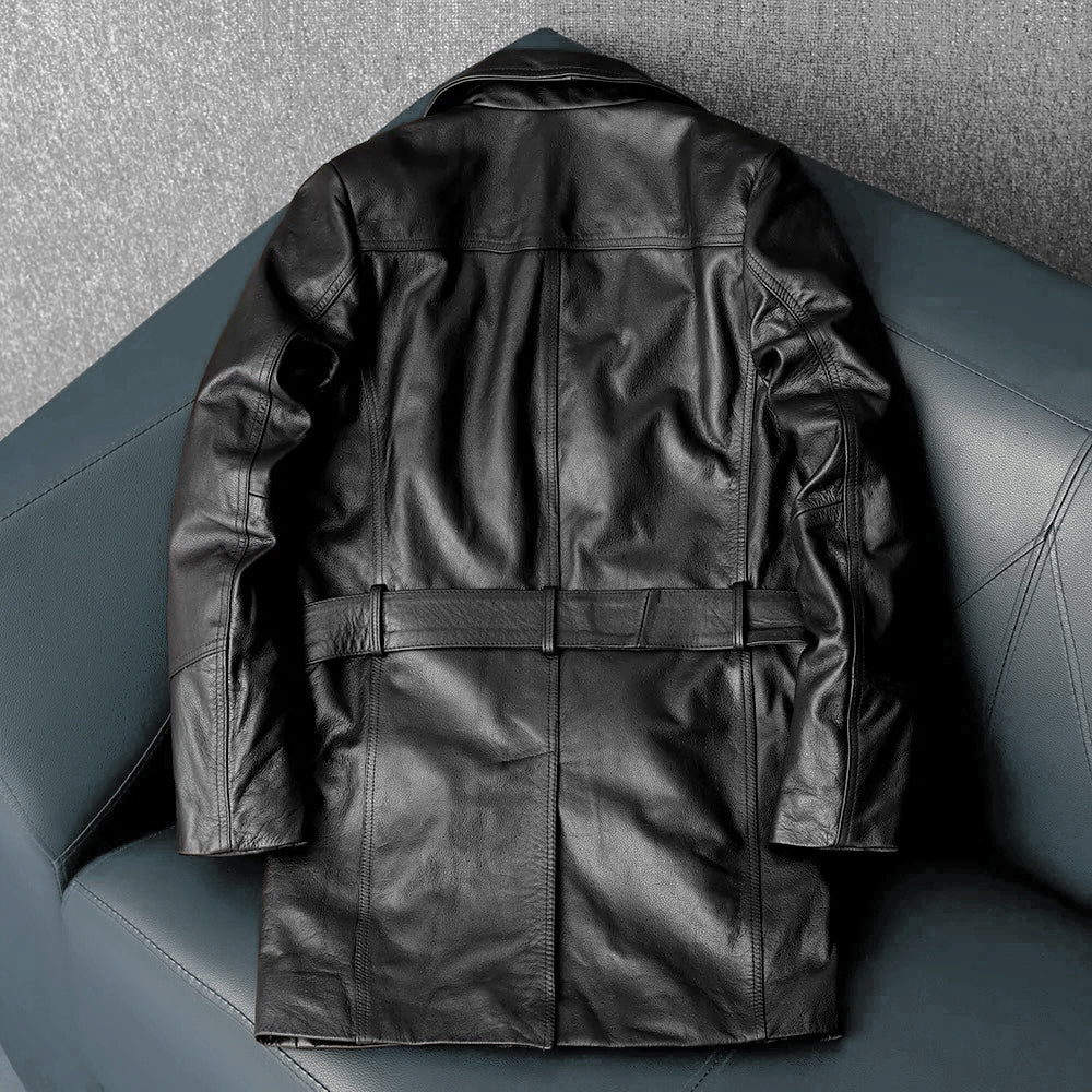 Mid-Length Windproof Suit-Style Genuine Leather Jacket