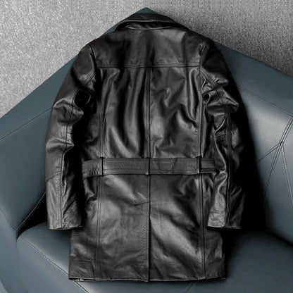 Mid-Length Windproof Suit-Style Genuine Leather Jacket