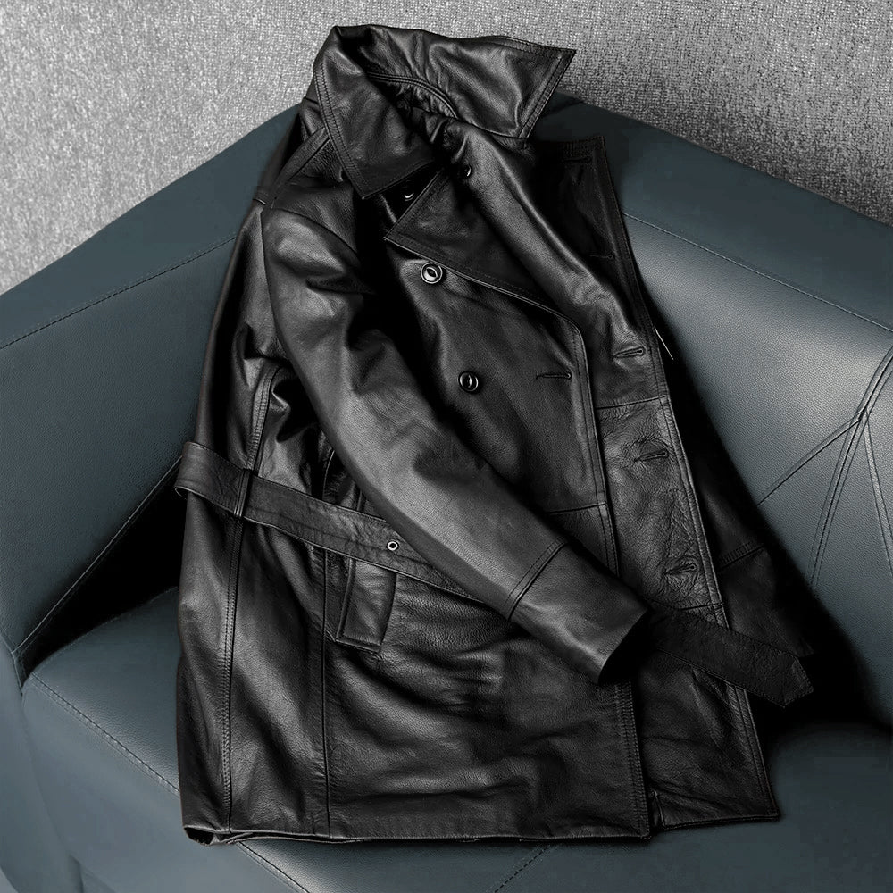 Mid-Length Windproof Suit-Style Genuine Leather Jacket
