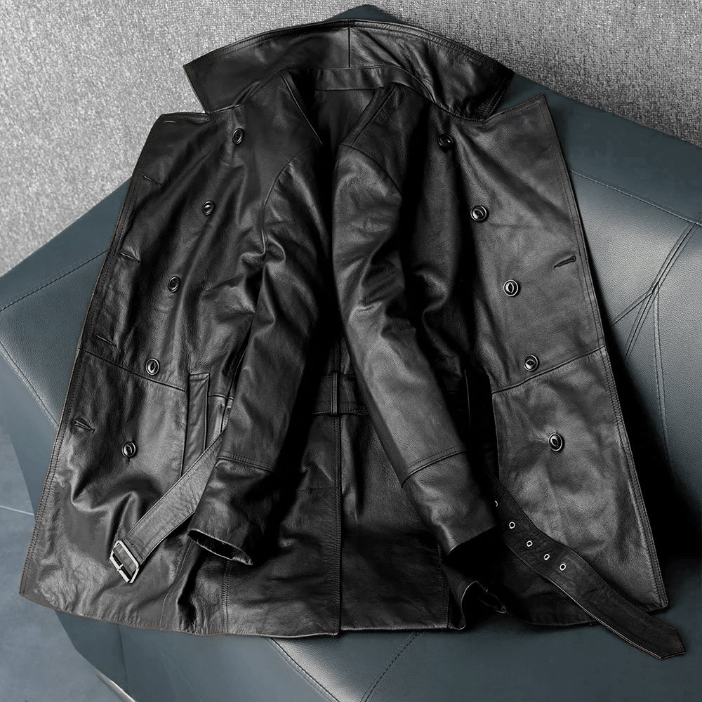 Mid-Length Windproof Suit-Style Genuine Leather Jacket